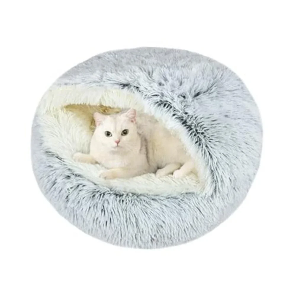 Calming Cat Bed Plush Cat Cave Anti Anxiety Pet Bed Round Cat Nest Small Dog Bed